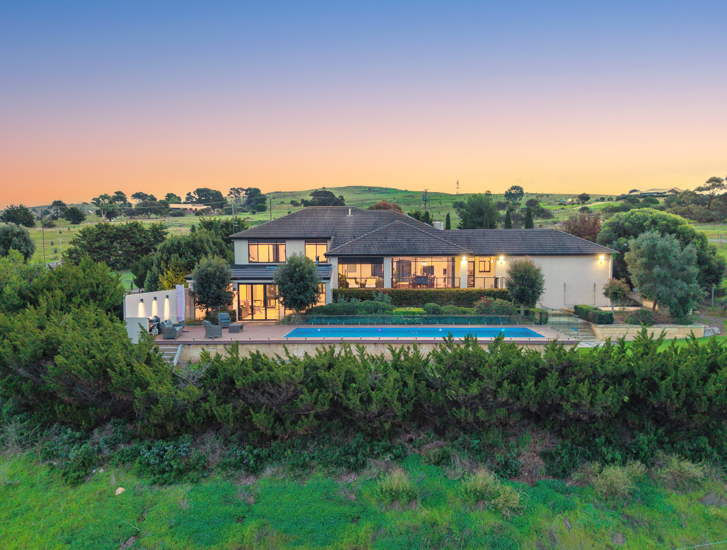 Twilight aerial photograph of a rural property near Port Lincoln